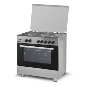 Cucina completa indipendente color argento con porta forno nera.