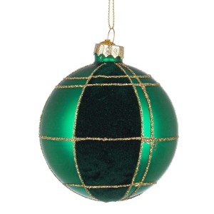 Palla di Natale verde con linee dorate glitterate e velluto scuro, parte della categoria Sfere e addobbi.