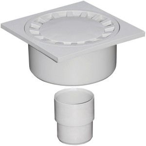 Scarico bianco con cornice quadrata e connettore per lo scarico delle acque reflue.