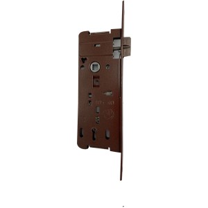 Dettaglio di una serratura da infilare marrone per porte interne. Serratura per porte interne.