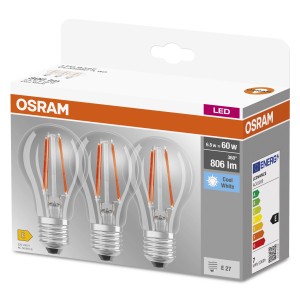 Confezione di lampadine LED E27 Osram con vetro trasparente e look a filamento.