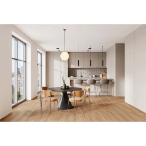 Stanza luminosa con pavimento effetto legno e piastrelle. Zona pranzo con tavolo rotondo e sedie. Cucina moderna sullo sfondo.