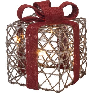 Figura decorativa a forma di regalo con fiocco rosso, illuminata, per esterni.