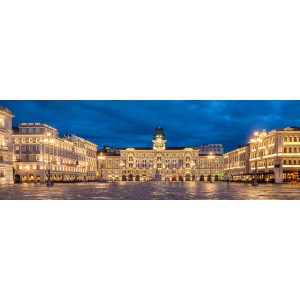 Quadri: Vista panoramica di una piazza illuminata con edifici storici di notte.