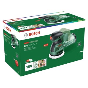 Levigatrice orbitale a batteria Bosch EasyOrbit 18V-10 (senza batteria) verde/nera su confezione. Compatta per legno.