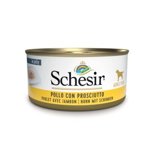 Scheshir cibo umido per cani con pollo e prosciutto, lattina.