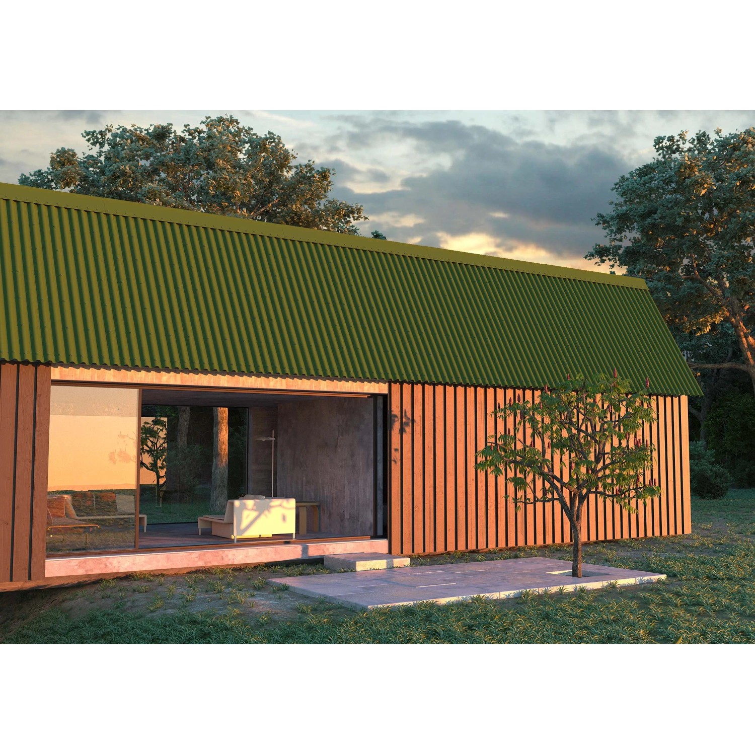 Copertura bituminosa verde su moderna casa in legno nel verde.
