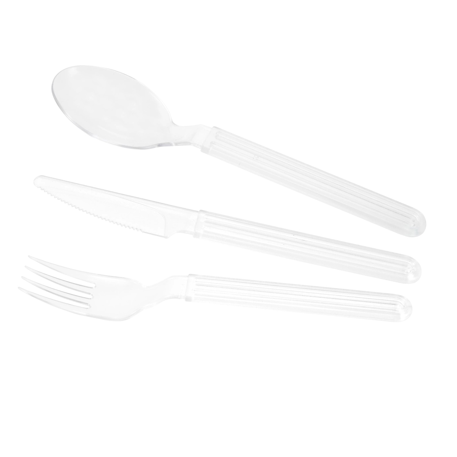 Set di posate da campeggio trasparenti: coltello, forchetta e cucchiaio.