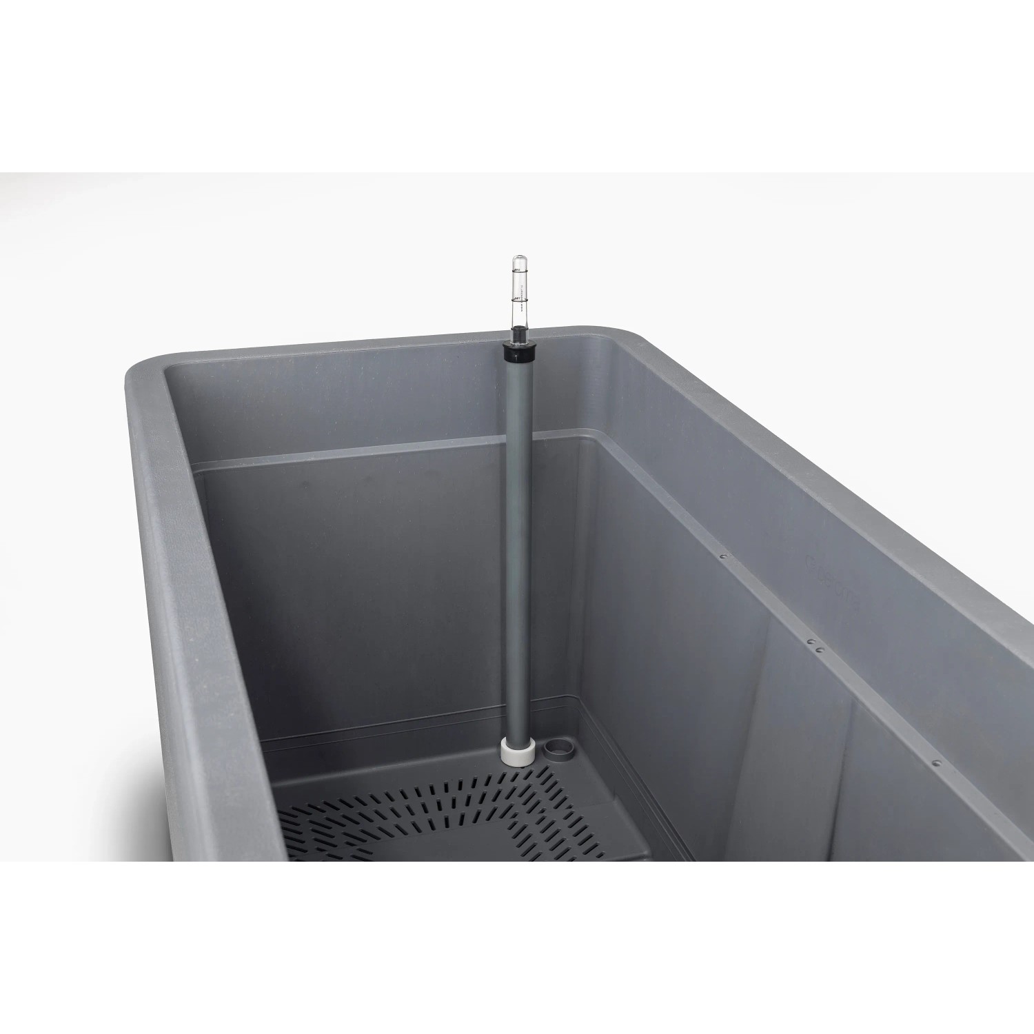 Vista interna del vaso per piante Deroma Cosmo bianco perla 78 cm con indicatore del livello dell'acqua.