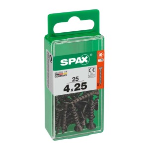 Viti universali Spax, 4x25 mm, zincate, nere, 25 pezzi in contenitore di plastica verde.