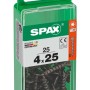 Viti universali Spax, 4x25 mm, zincate, nere, 25 pezzi in contenitore di plastica verde.