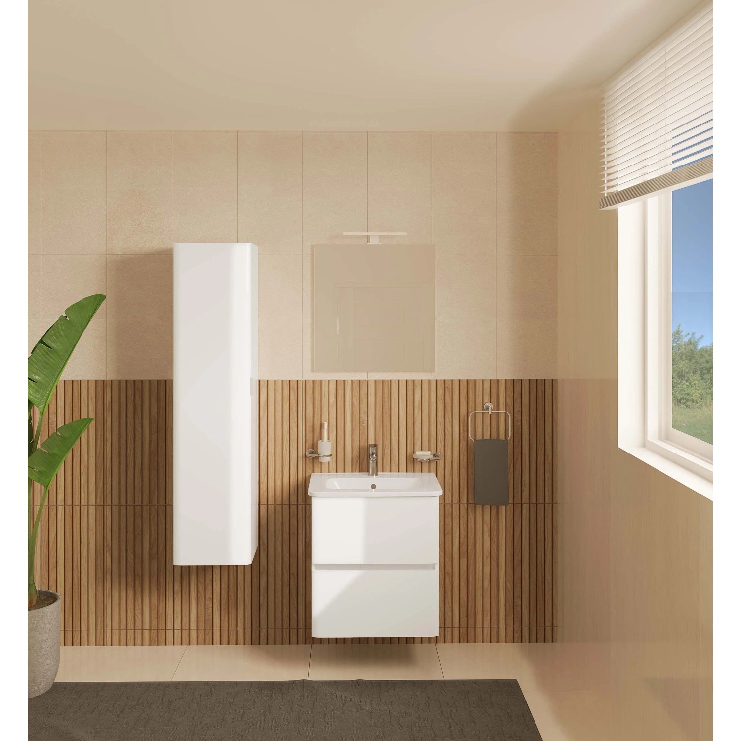 Mobile bagno lavabo+specchio LED sospeso 2 cassetti Mia Plus 60 cm bianco lucido_3