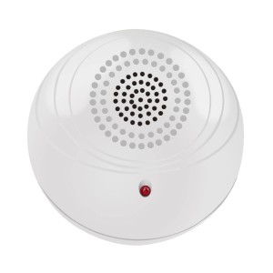 Dispositivo antizanzare t.b.t., forma rotonda bianca con griglia altoparlante e LED rosso.