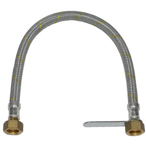 Tubo flessibile t.b.t. per rubinetto con rivestimento in acciaio inox e dettagli gialli.