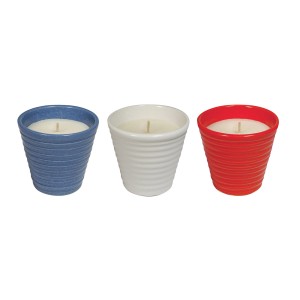 Tre candele t.b.t. Antizanzare in vaso blu, bianco e rosso.