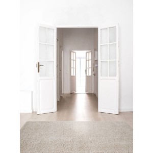 Tappeto a pelo lungo beige t.b.t. davanti a porte a soffietto bianche in corridoio luminoso.