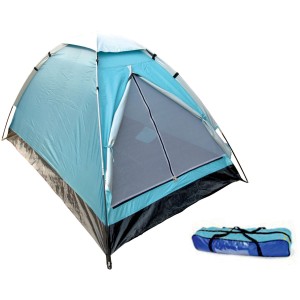 Tenda da campeggio blu con borsa per il trasporto. Ideale per avventure all'aria aperta e campeggio.