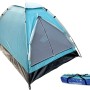 Tenda da campeggio blu con borsa per il trasporto. Ideale per avventure all'aria aperta e campeggio.