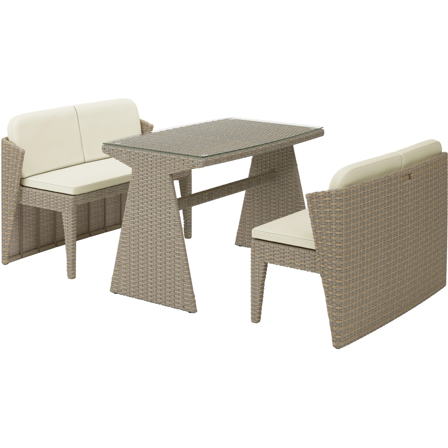 Set di mobili da giardino t.b.t. con tavolo e panche in rattan.