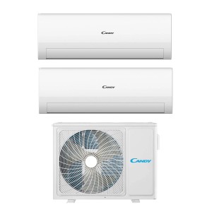 Climatizzatore t.b.t., unità interne ed esterna bianche.