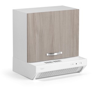 Pensile da cucina con cappa aspirante in bianco e effetto legno.