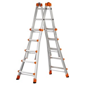 Scala t.b.t. in alluminio argentato con dettagli arancioni.