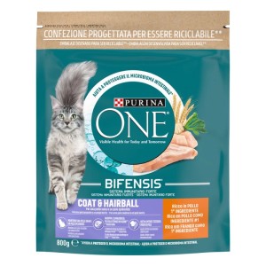 Croccantini per gatti Purina ONE pelle e pelo pollo e cereali 800 g