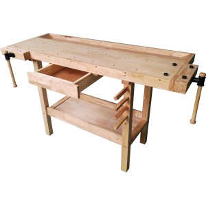 Banco da lavoro in legno con cassetto e ripiano. Ideale per il fai da te.