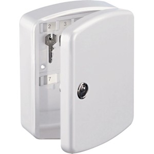 Cassetta portachiavi Burg Wächter bianca con 15 ganci, parzialmente aperta con chiave.