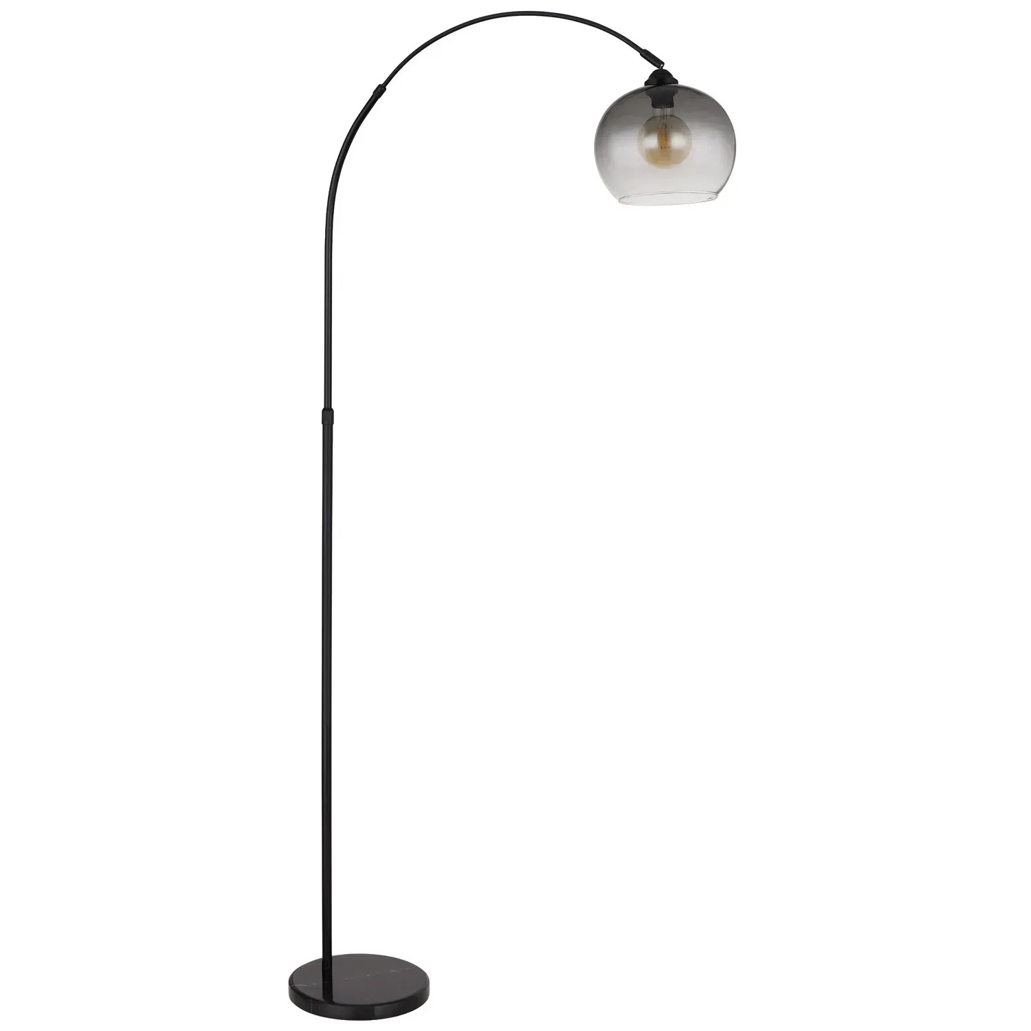 Lampada da terra nera Globo Newcastle con paralume in vetro fumé, regolabile in altezza.