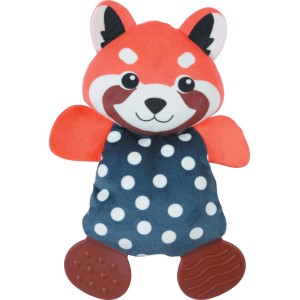 Peluche panda rosso con elementi da dentizione per neonati e bambini piccoli.