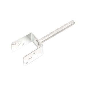 Supporto per palo a U da cementare, larghezza 81 mm, altezza 100 mm, con tassello scanalato.