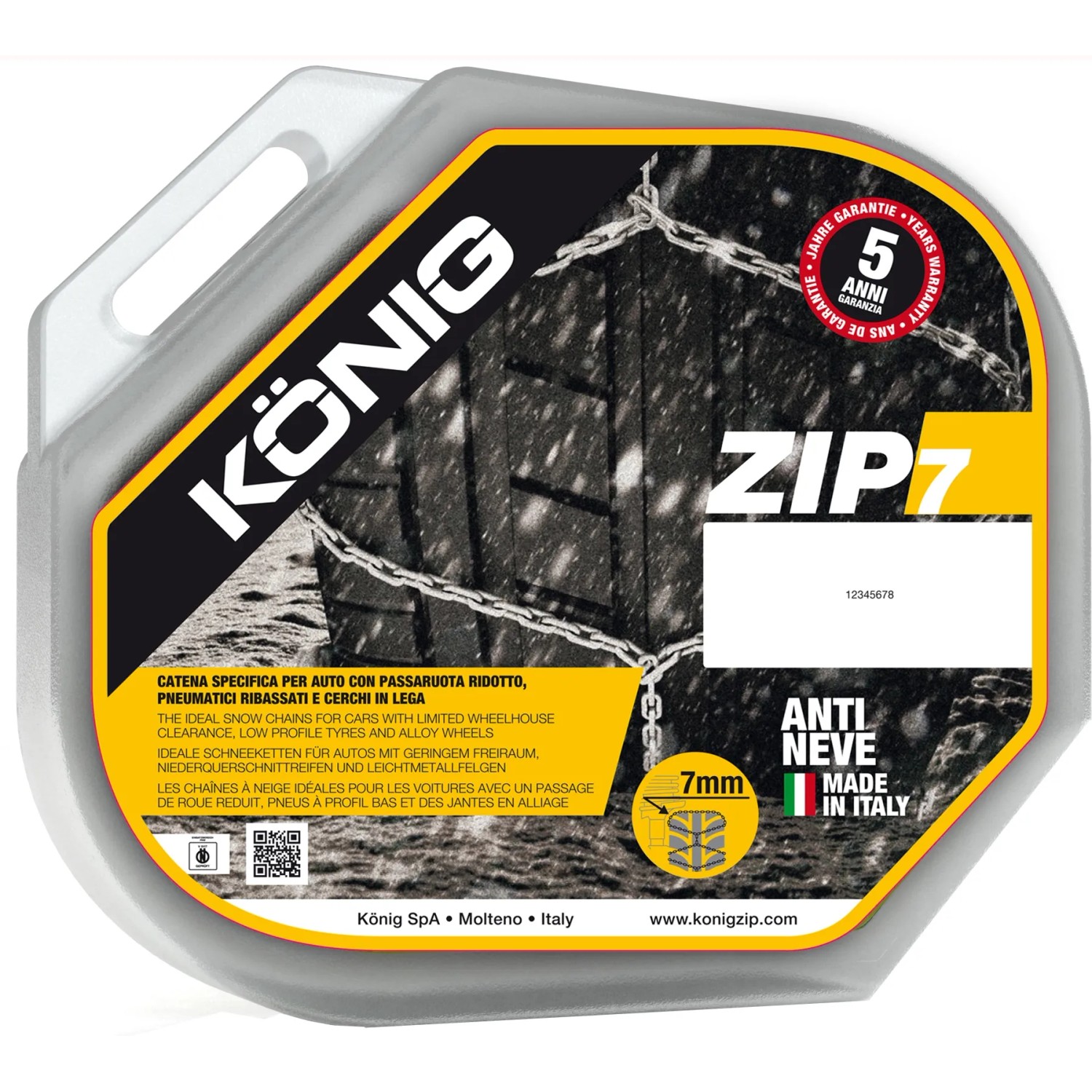 Catene da neve König ZIP 7 per auto con spazio ruota limitato in valigetta di plastica.