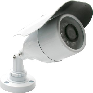 Telecamera di sorveglianza bianca per videosorveglianza, primo piano.