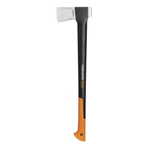 Ascia da spacco Fiskars X25 XL, lunghezza 77 cm, con manico nero e impugnatura arancione. Ideale per spaccare la legna.