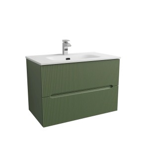 Mobile bagno verde con lavabo e rubinetto per arredamento bagno.
