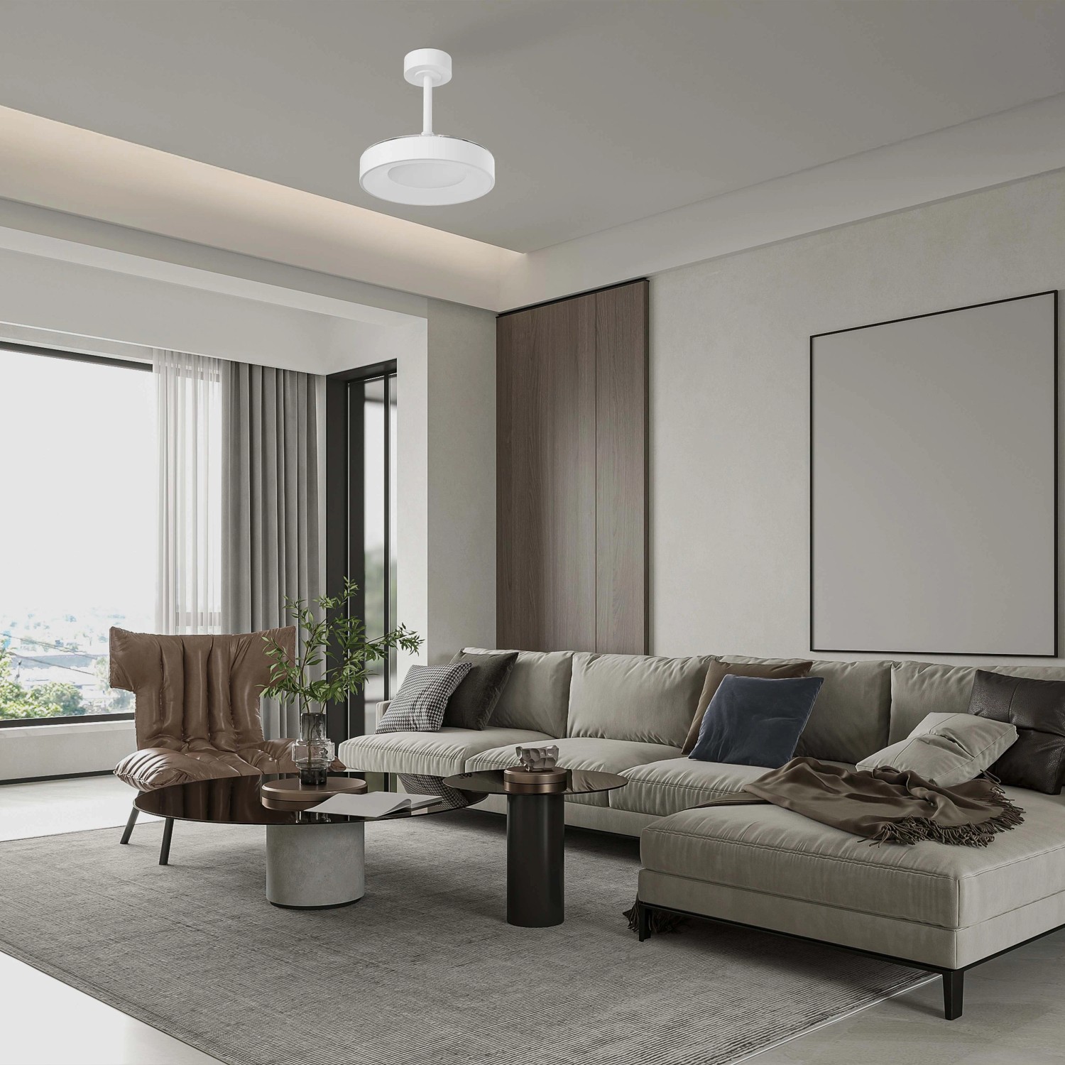 Plafoniere LED bianca in un soggiorno moderno. Lampada da soffitto.