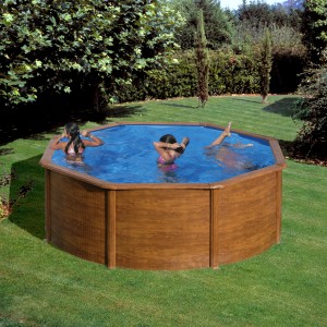 Piscina rotonda Gre Pool Pacific effetto legno (Ø 350 cm), bambini che nuotano nella piscina da giardino.