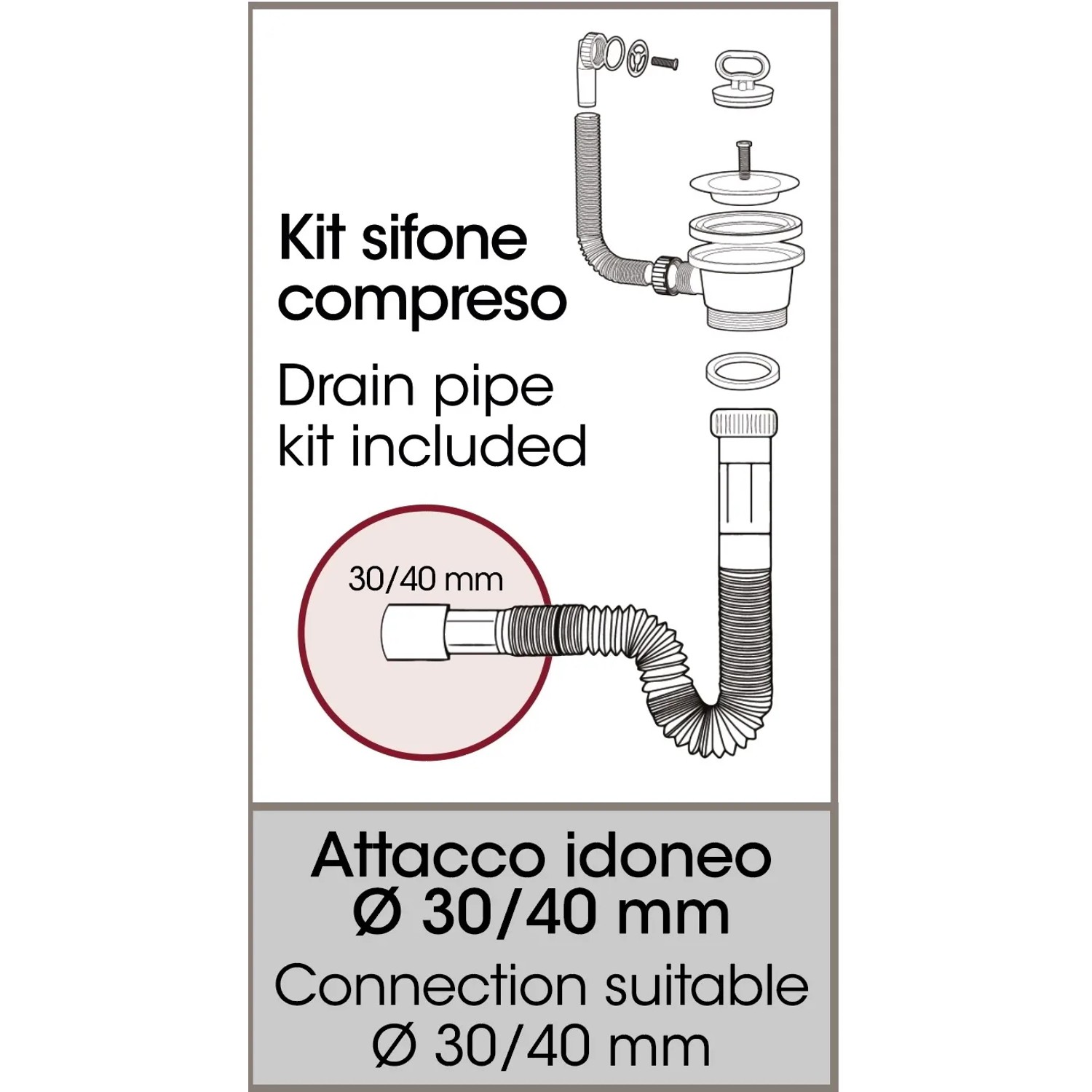 Schema: Set sifone lavabo, raccordo di scarico con tubi flessibili, attacco 30/40 mm.