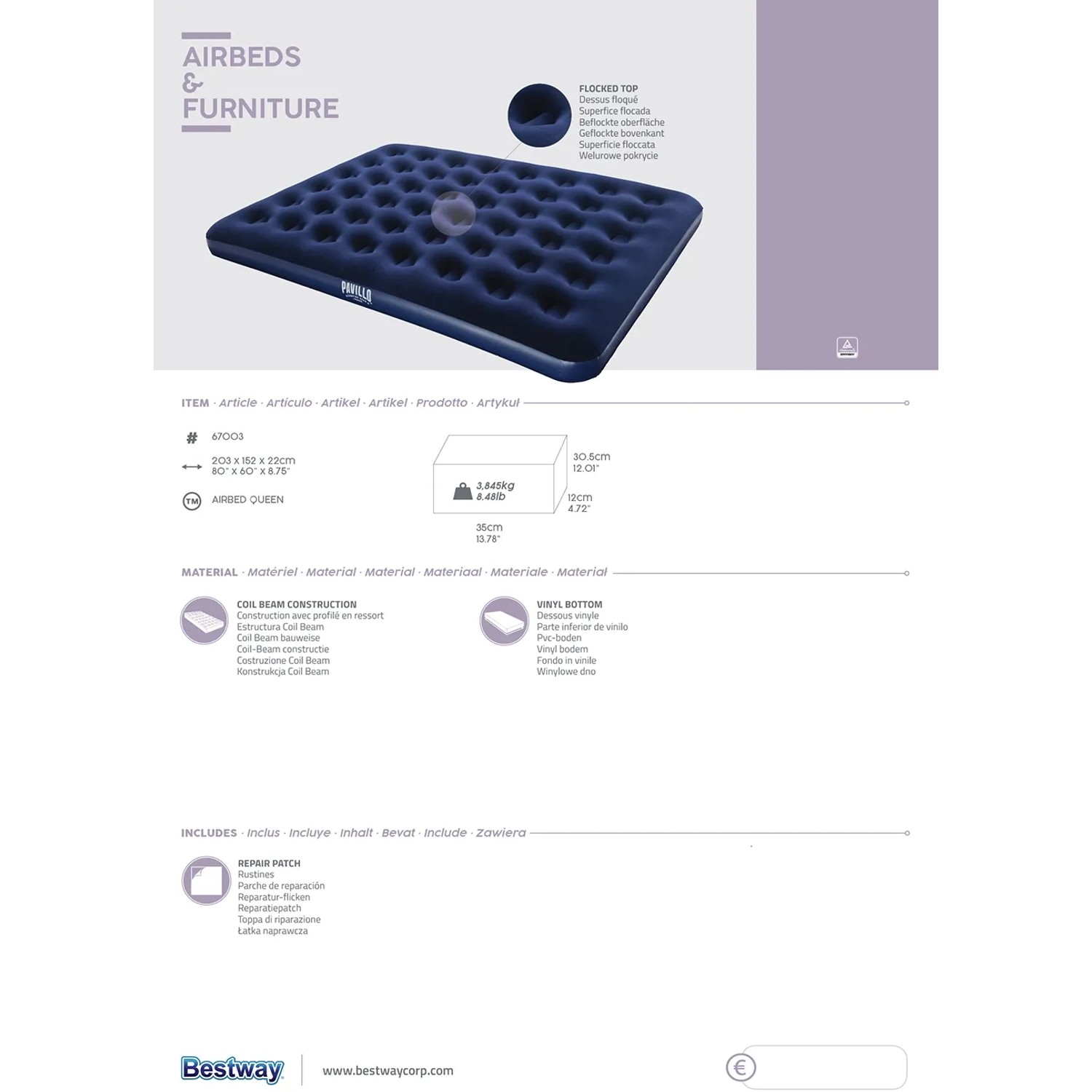 Letto gonfiabile Bestway blu (203x152x22cm), ideale per campeggio e ospiti.