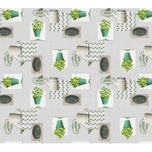 Tovaglia con motivi da giardino: annaffiatoi, vasi di fiori e cartelli su sfondo grigio.