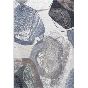 Tappeto moderno con motivo astratto nei toni del grigio e del blu.