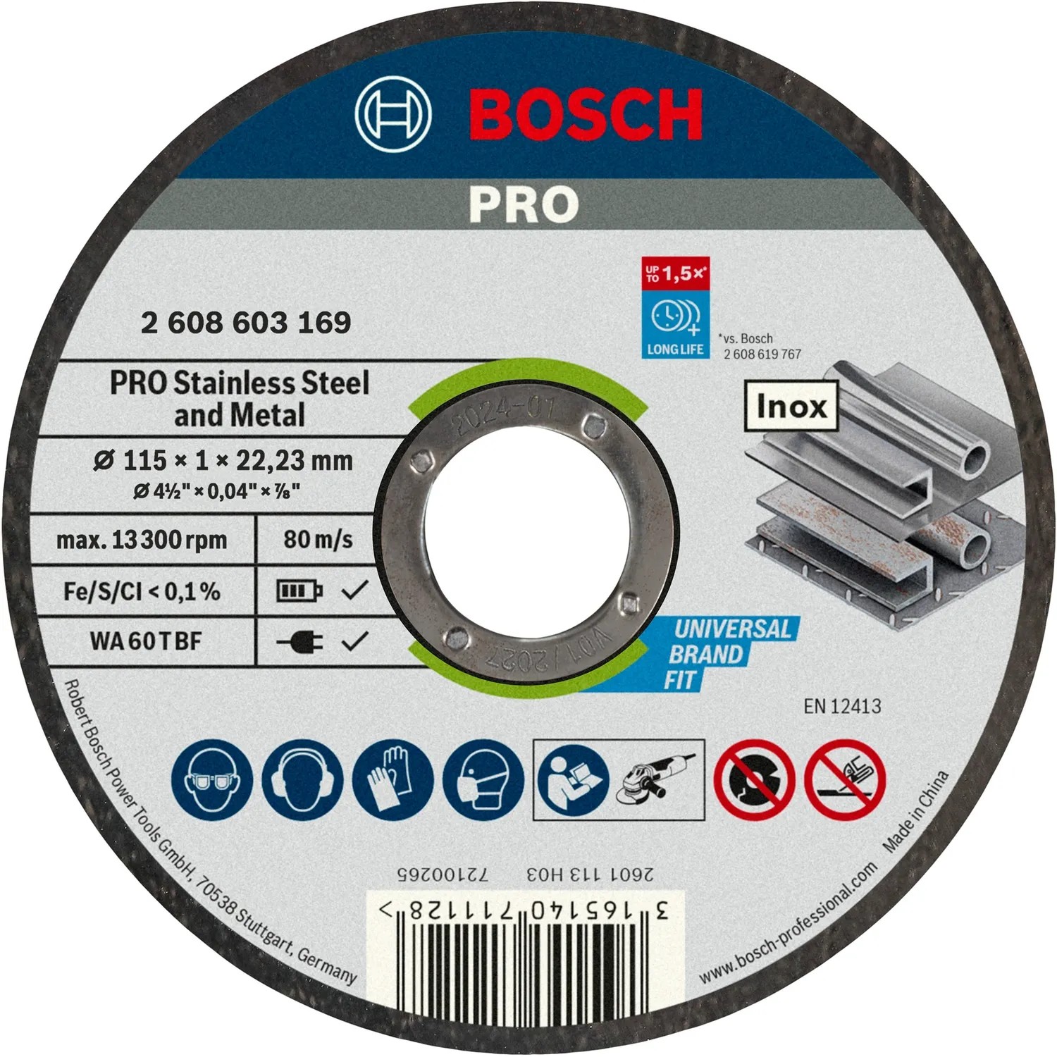Disco da taglio Bosch Pro 115mm per acciaio inox e metallo, accessorio per smerigliatrice angolare.