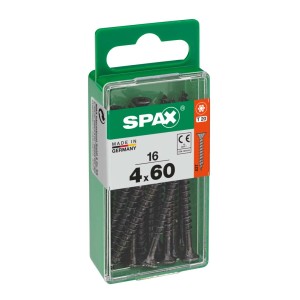 Viti universali Spax, zincate, 4x60 mm, nere, 16 pezzi in contenitore di plastica verde.