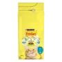 Confezione gialla di cibo secco per gatti Friskies con immagine di gatto.