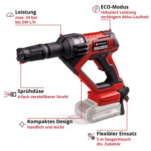 Idropulitrice a batteria Einhell Hypresso Power X-Change rossa con ugello 4-vie, compatta per pulizia e irrigazione.