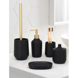Set di accessori da bagno neri da 6 pezzi con portasapone, dispenser e portaspazzolino.