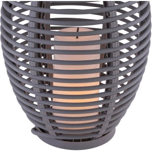 Lanterna solare a LED grigia effetto rattan con effetto fuoco per esterni.