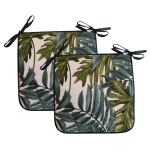 Due cuscini per sedie da esterno con motivo a foglie tropicali e lacci neri.
