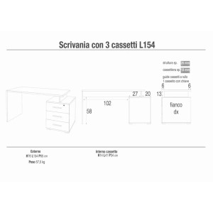 Schizzo di una scrivania con tre cassetti e dimensioni per ufficio/studio.